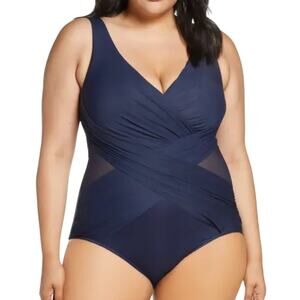 Miraclesuit Plus Size Crossover One Piece Swimsuit Midnight Blue Women's Sz 16W